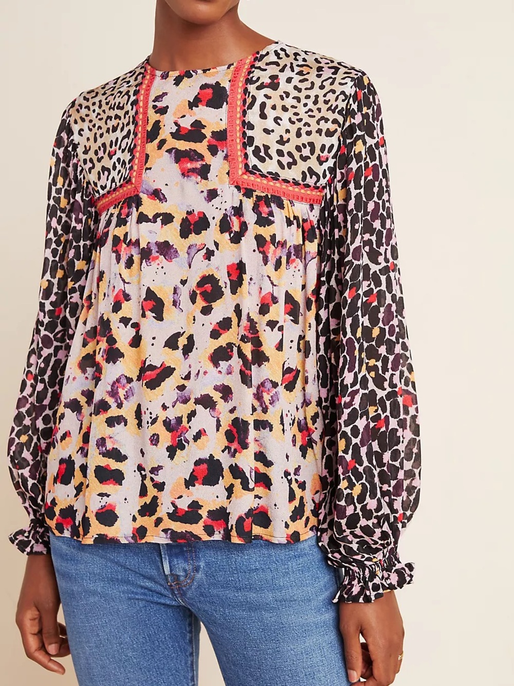 Anthropologie Blank London Joelle Leopard Peasant Blouse Women’s Size M Boho